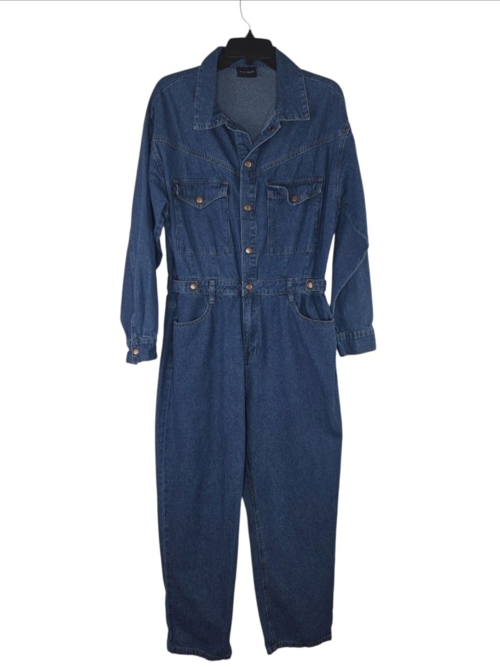 NWOT Miou Muse Classic Blue Denim Jean Jumpsuit With Snap Close Size Large - Picture 2 of 13